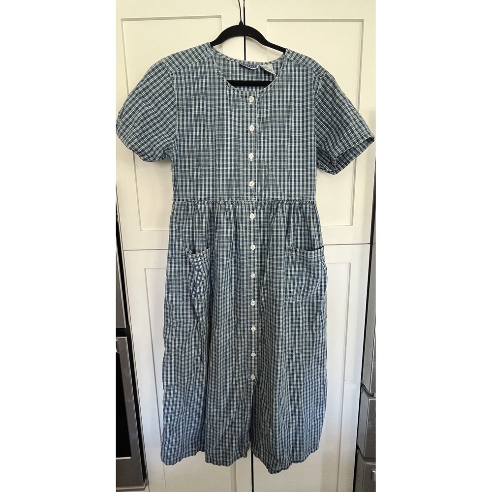 Vtg Erika & Co Blue Plaid Stripe Maxi Dress Sz M Cottagecore Prairie Country